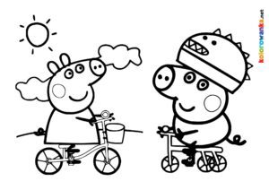 Peppa i George na rowerze kolorowanka do druku. Kolorowanki Świnka Peppa.