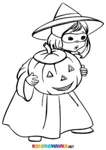Halloween kolorowanka dla dzieci. Dziewczynka z dynią kolorowanka do druku